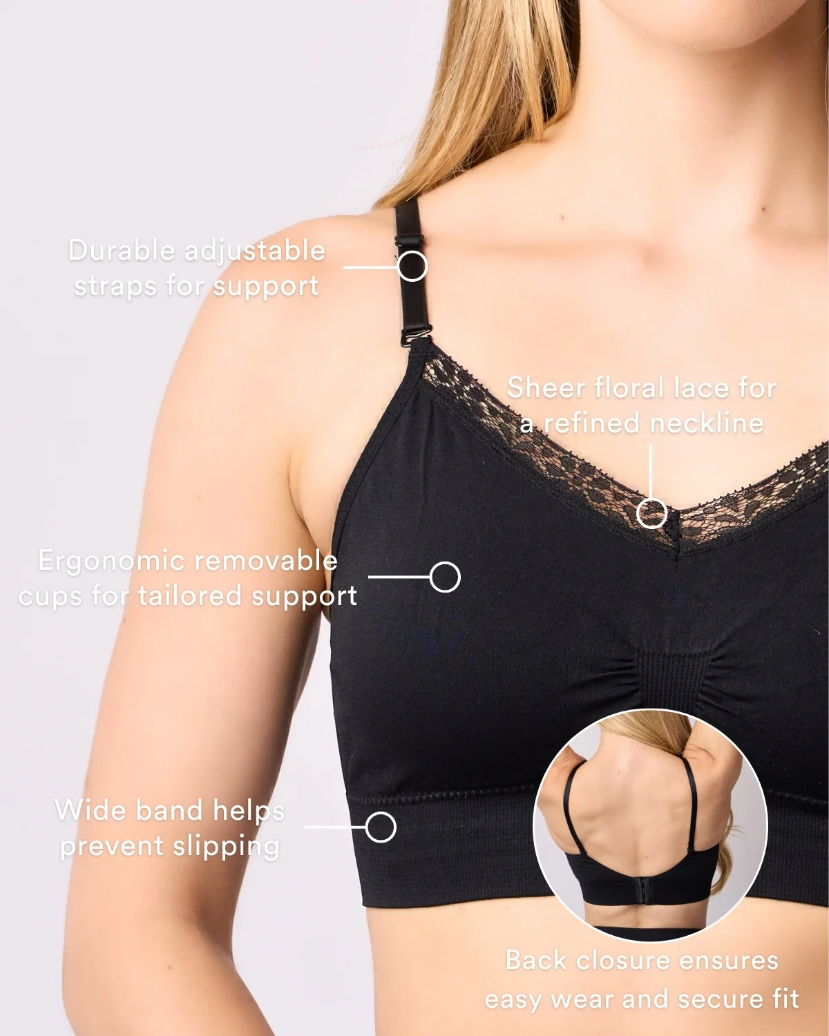 V-Neck Lace Trim Bra with Back Closure 9182 - Image 4